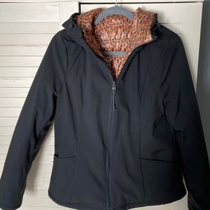 Reversible black and leopard print jacket.